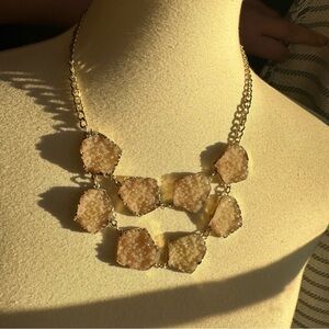 Faux Druzy Stone Necklace in Gold – Creamy Beige Stone, Gold Chain, Lightweight
